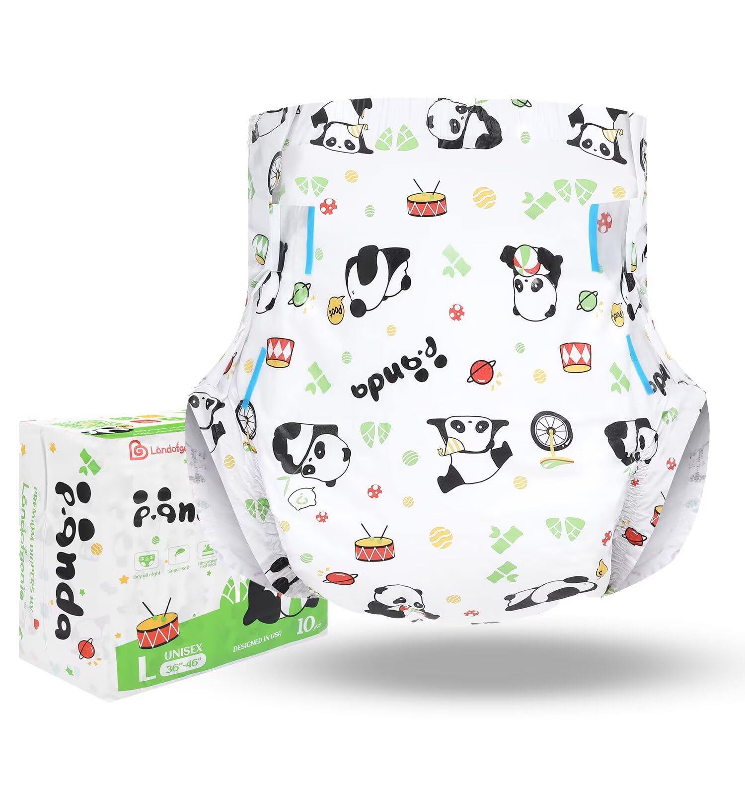 Landofgenie Adult Diapers Panda Printed Diaper Incontinence Underwear Maximum Overnight Absorbency Diapers with Tabs 10 Pieces(Large 36"- 46")