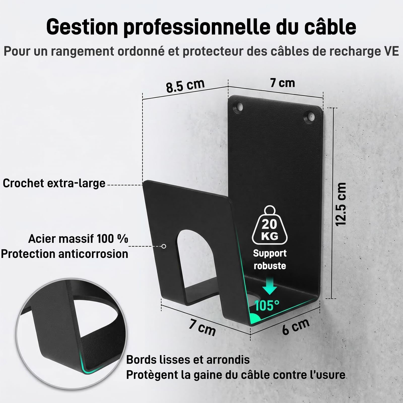 Kit Support Chargeur Véhicule Électrique – Organisateur Mural avec Support Boîtier de Contrôle et Crochet J pour Chargeurs EV Portables, Support Métallique Robuste pour Gestion Câbles EV