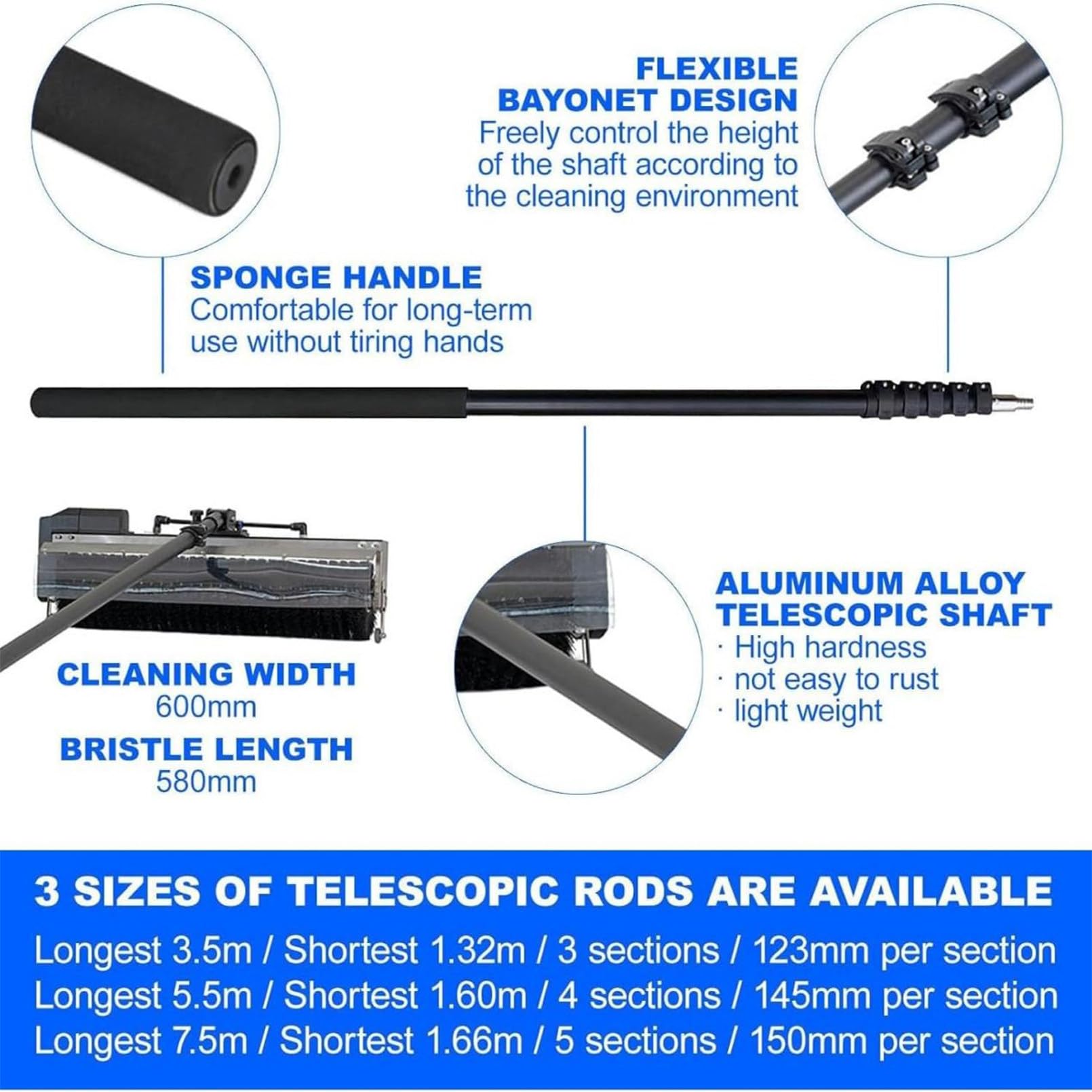 Cepillo de Limpieza para Paneles solares de 60 cm con Mango telescópico, Herramienta de Lavado a presión para Exteriores de 7,5 m, Limpiador de Rodillos eficiente para pa