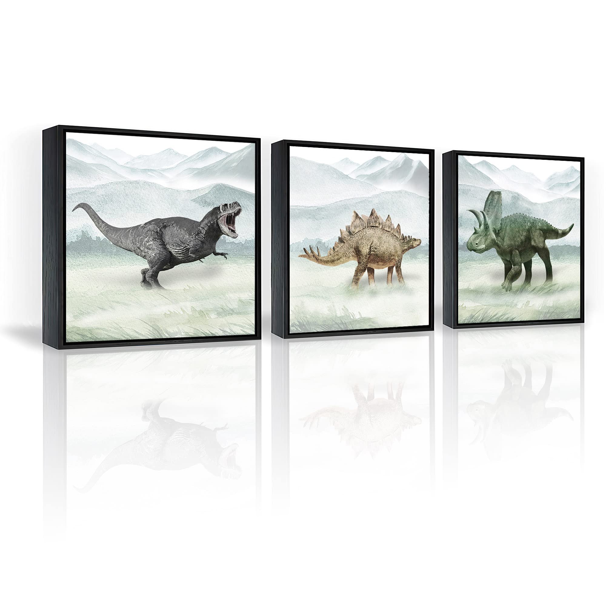 AOCOOAO Black Framed Dinosaur Wall Art Posters Dinosaur Bathroom Decor for Teen Room Canvas Prints, Sage Green Decor for Kids Room 11.8x11.8 inch 3Pcs