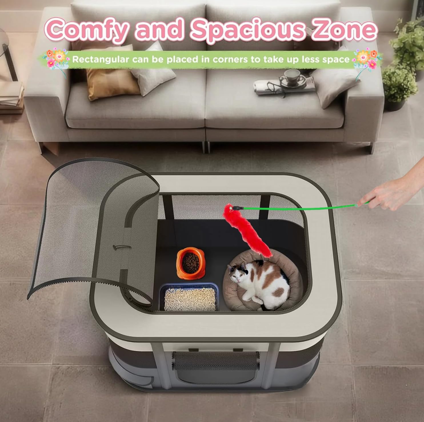 Cerca portátil para Mascotas de 90 x 70 x 60 cm, Plegable, Rectangular, Sala de partos, Nido de Gato, cabaña para Gatos, casa para Cachorros, casa Cerrada para Mascotas (Gris)