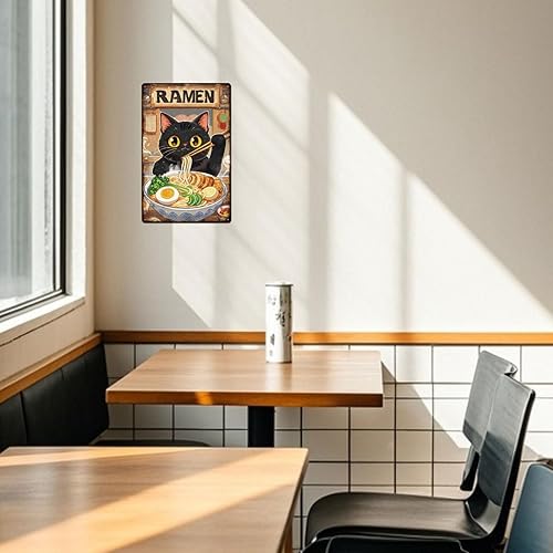 Miniatura 6 de GLOBLELAND Letrero de metal de ramen de gato negro de 12 x 8 pulgadas, letrero de decoración de gatitos y fideos, placa de metal de pared de