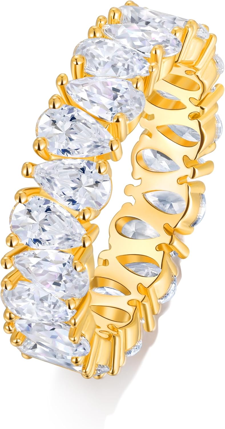 Pear Cut CZ Eternity Band Yellow Gold Plated Sterling Silver 5mm Thick Full Eternity Rings Luxury Sparkle 7.68 Carat 5a Cubic Zirconia Wedding Bands for Men Women