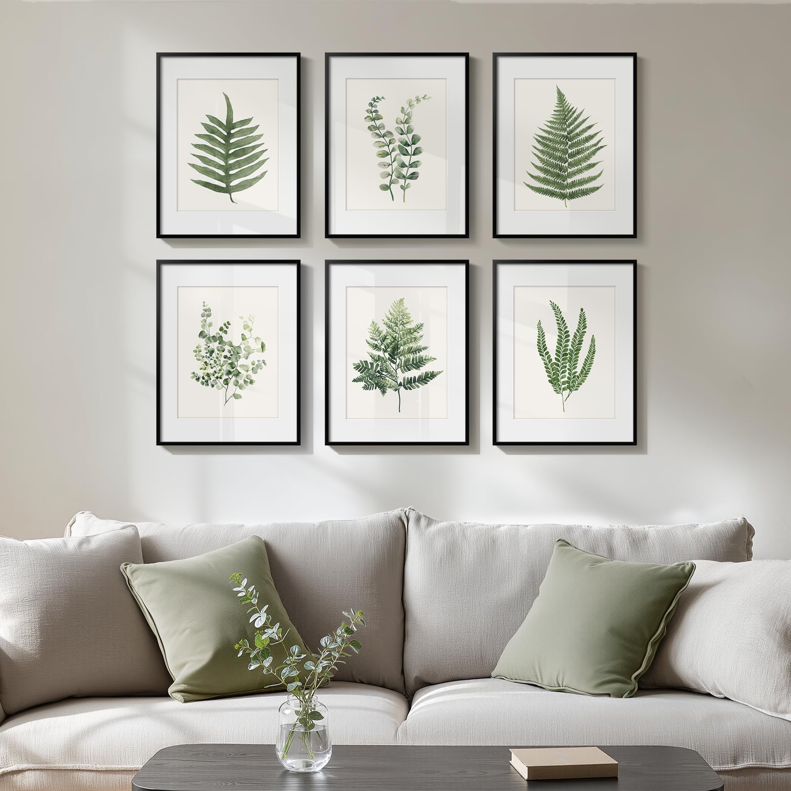 Framed Green Nature Botanical Wall Art, Set of 6 Minimalist Plant Leaf Painting Prints Artwork, Natural Fern Leaves Picture for Modern Farmhouse Living Room Bedroom Bathroom Kitchen Home Decor, 11x14