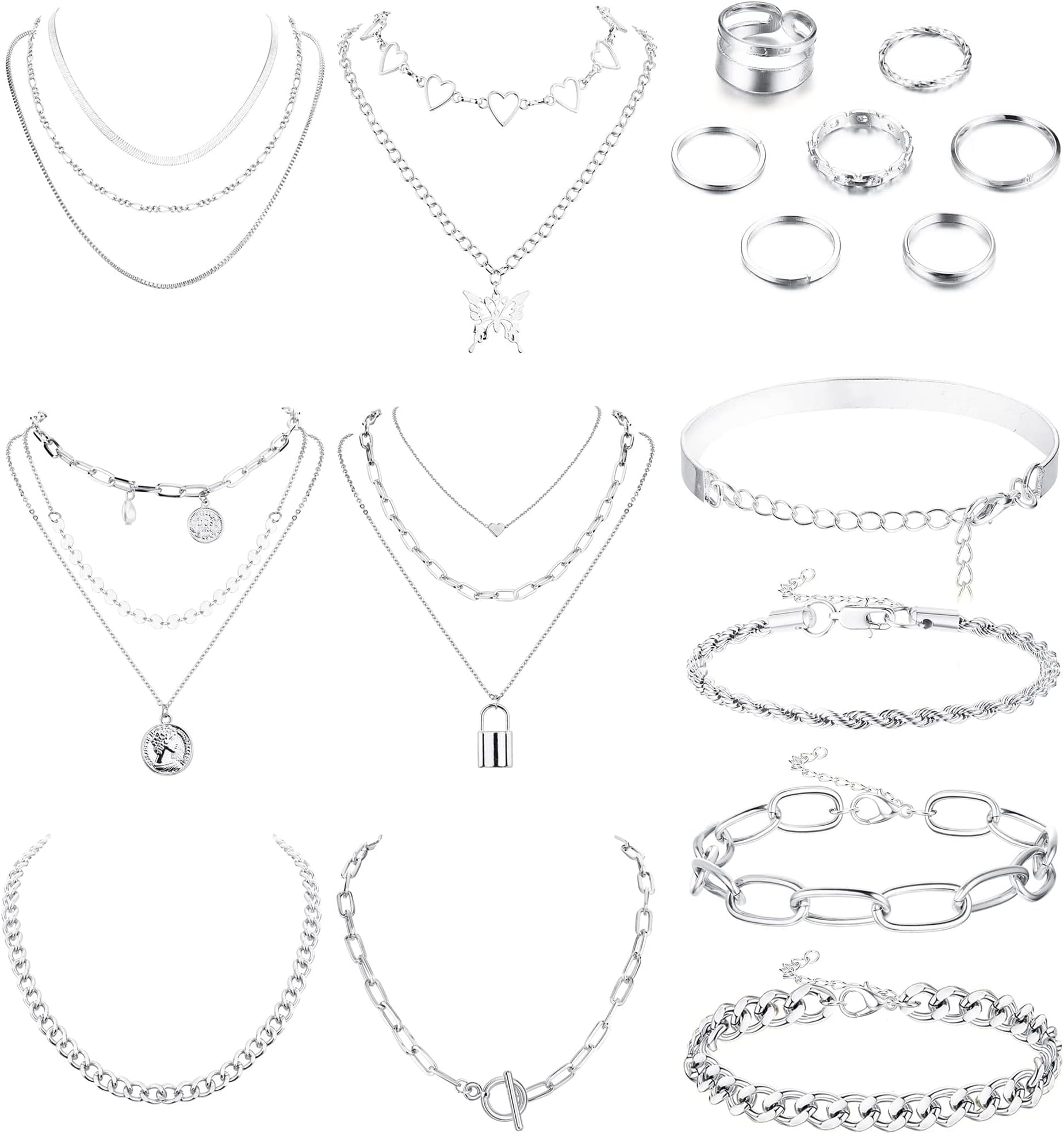 17Pcs Gold Silver Jewelry Sets for Women Layered Necklaces Chunky Bracelets Knuckle Rings Women Girls Jewerly Accessories Birthday Christmas Anniversary Day Gifts for Her
