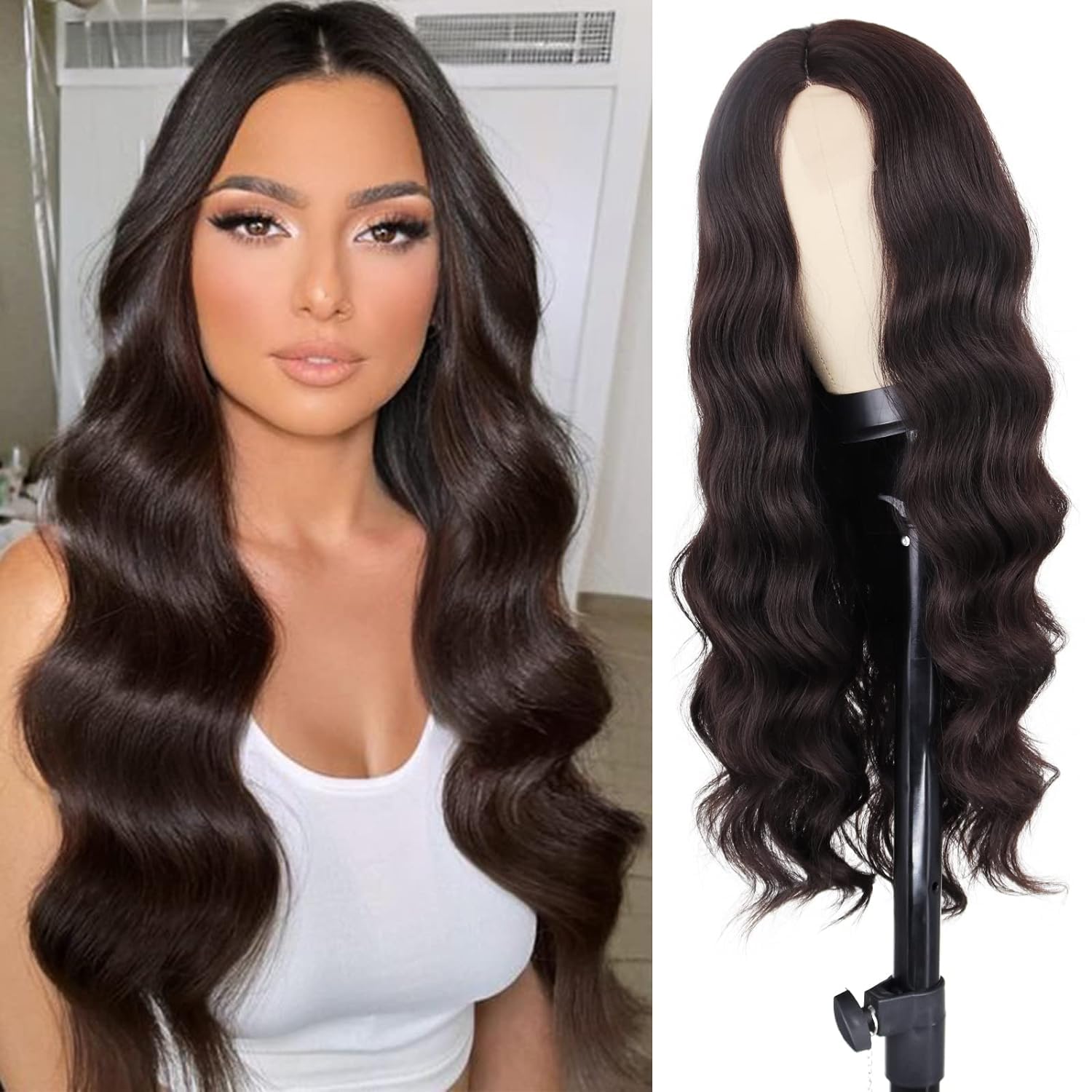 MISS LIRENN® Long Brown Lace Front Wigs for Women,Natural Curly, Wavy Synthetic Hair Middle Part Heat Resistant Wigs for Daily Party Cosplay Use-27 Inches Length, 300 Gram