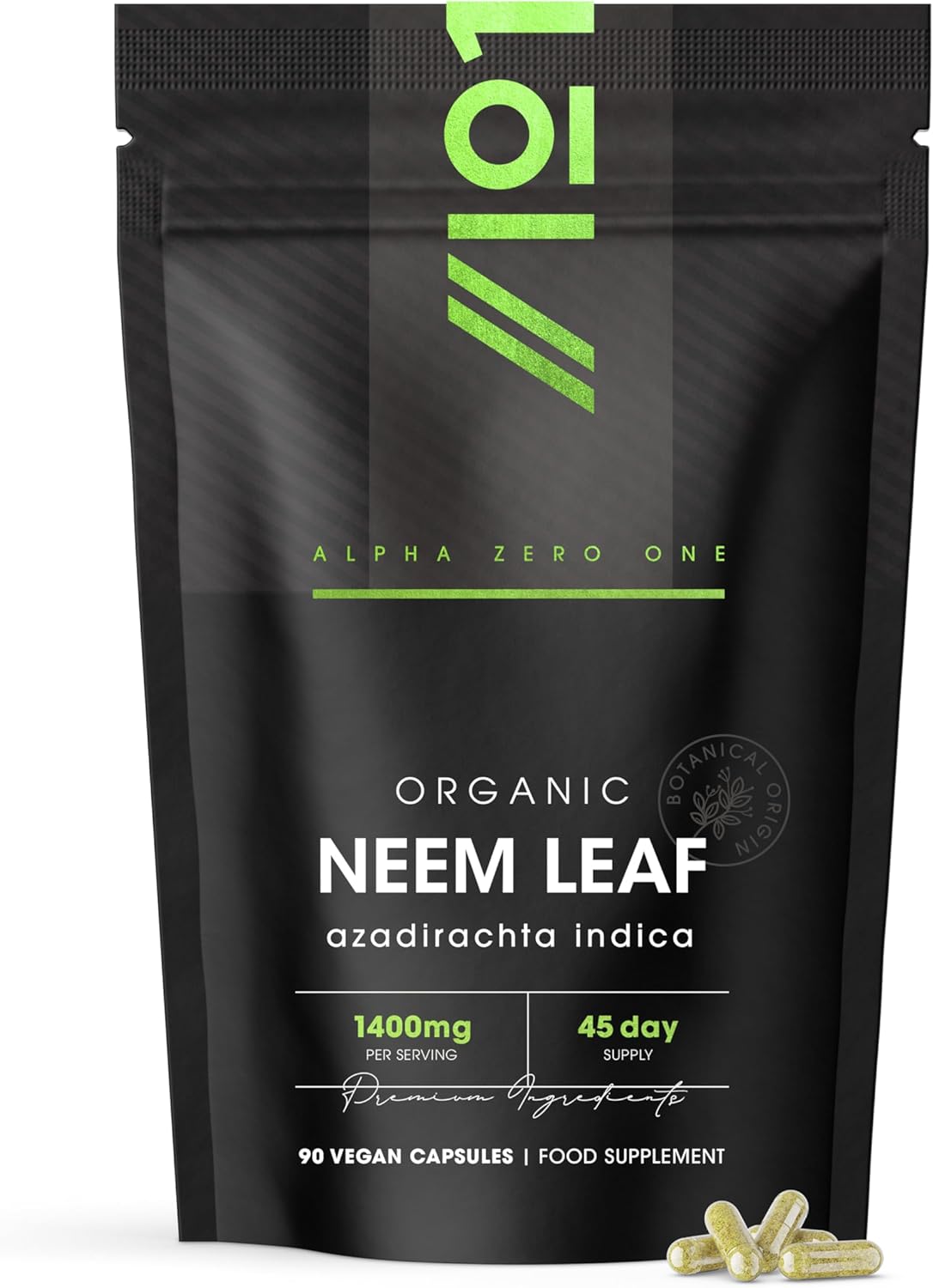 Organic Neem Leaf 1400mg – 90 Vegan Capsules – High Strength Azadirachta Indica Supplement – Resealable and Recyclable Pouch by Alpha01