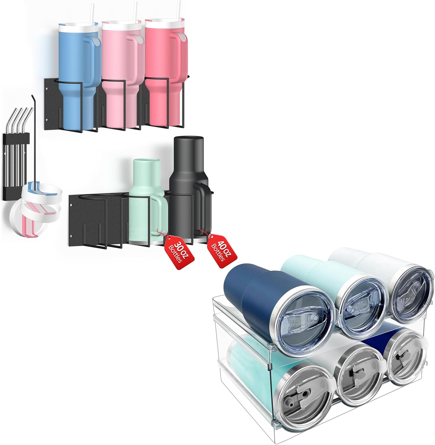 Magnetic Stanley Cup Holder for Fridge - Water Bottle Organizer for Stanley 40 oz Tumblers with Tumbler Lid Organizer & Straw Holder, & 2 Pack Stackable Water Bottle Organizer