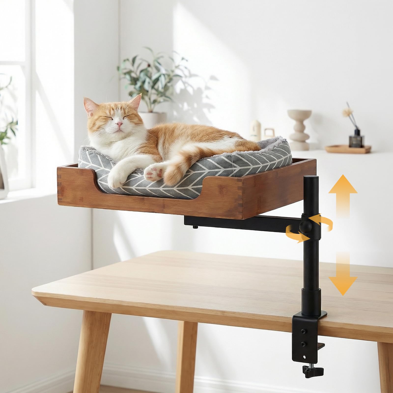 Scrivania-letto per gatti con elegante base in bambù e morbida imbottitura. Morsetto stabile e robusto per regolare l'altezza e rotazione a 360°. Portata massima: fino a 15 kg (Tappetino grigio)