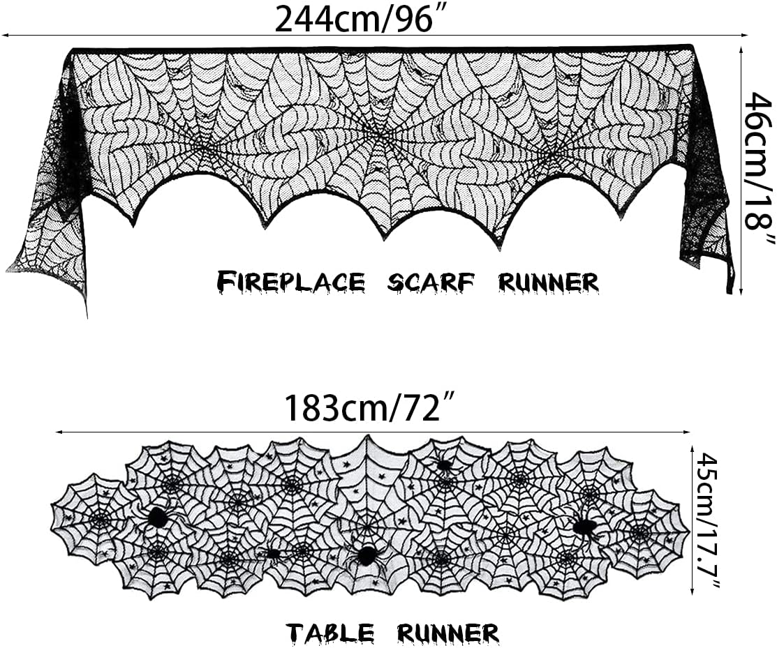 Anditoy 6 Pack Halloween Decorations Sets Spider Webs Tablecloth Fireplace Scarf Runner Round Cobweb Table Cover Lampshade Door Curtain with 24pcs 3D Bats for Halloween Decor Indoor Party Supplies