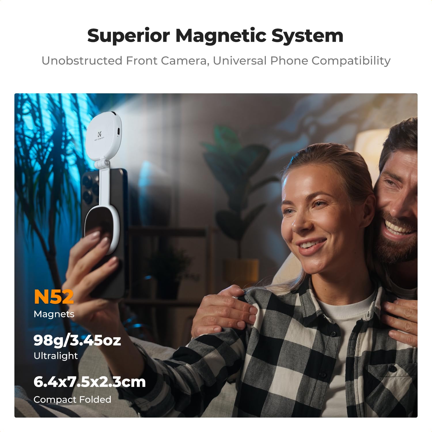K&F CONCEPT 360° Magnetische Selfie Licht mit Spiegel 900mah Akku,Weiß | 673lux Handy Ringlicht kompatibel mit iPhone Magsafe/Android, LED Selfie Ring Fülllicht für Selfies /Make up/Fotografie