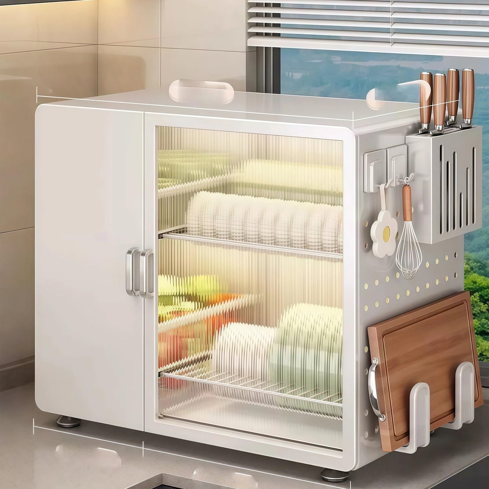 Escurridor de Platos con Puertas Dobles, Organizador de Cocina de Metal | Estructura de hierro, Diseño a prueba de polvo, Panel perforado lateral, Gran capacidad(Wit)