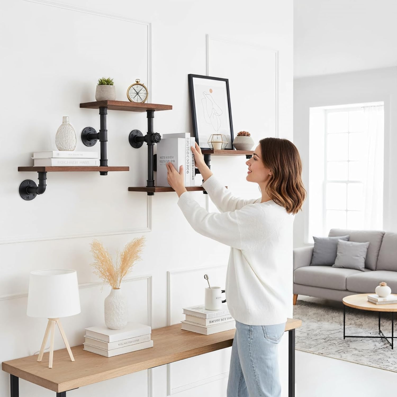 Industrial Rustic Modern Solid Wood Ladder Pipe Wall Mounted Floating Shelves – 4 Tiers Bookshelf,DIY Storage Shelving,Hung Bracket,Bookcases - Image 8