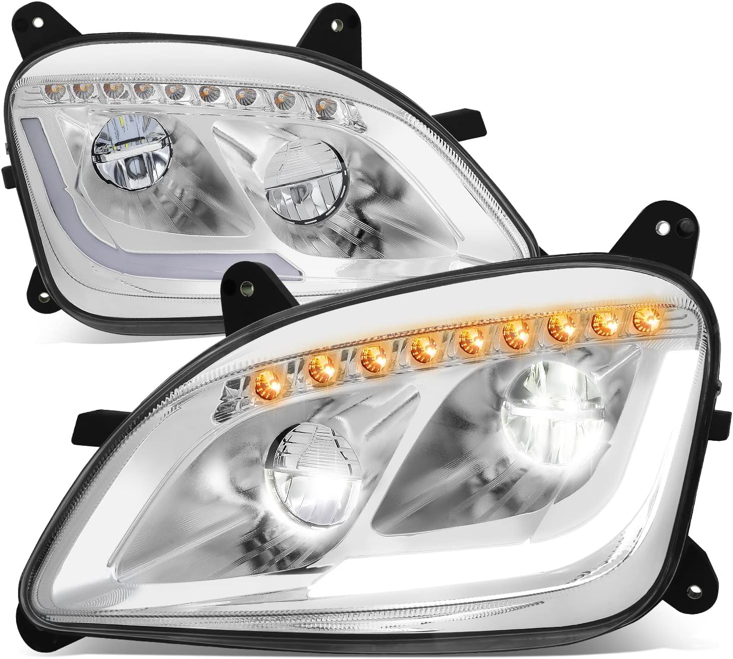 Auto Dynasty Headlights Assembly L-LED DRL with Sequential Chase Amber LED Turn Signal Compatible with Peterbilt 579 587,2011-2021, Driver and Passenger Side, Chrome Housing