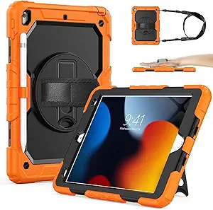 SIBEITU Case Compatible with iPad 9th/8th/7th Generation with Screen Protector Pen Holder, iPad Case 10.2 Inch, Heavy Duty Protection Cover W/Stand Hand Shoulder Strap for iPad A2602 A2197