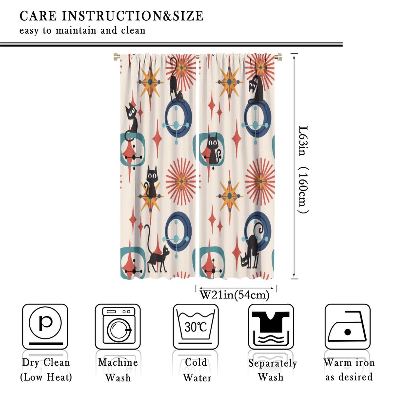 Mid Century Modern Curtain Black Cat Starbursts ?Atomic Stars ?Abstract Geometric Iconic Retro Pattern Cat Animal Printed Curtains for Kids Boys Girls Bedroom Living Room 42x63in