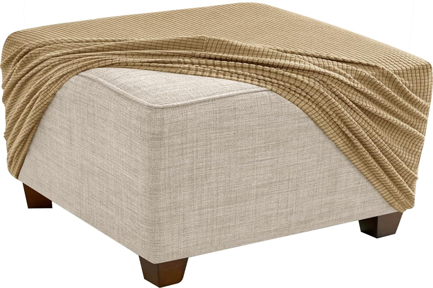 Stretch Ottoman Cover Slipcovers Square 35x35 45x45 65x65 90x90 100x100 Cm Thick Checked Jacquard Fabric Footstool Footrest Protector With Elastic Bottom For Living Room Removable Washable(Khaki,26"/6