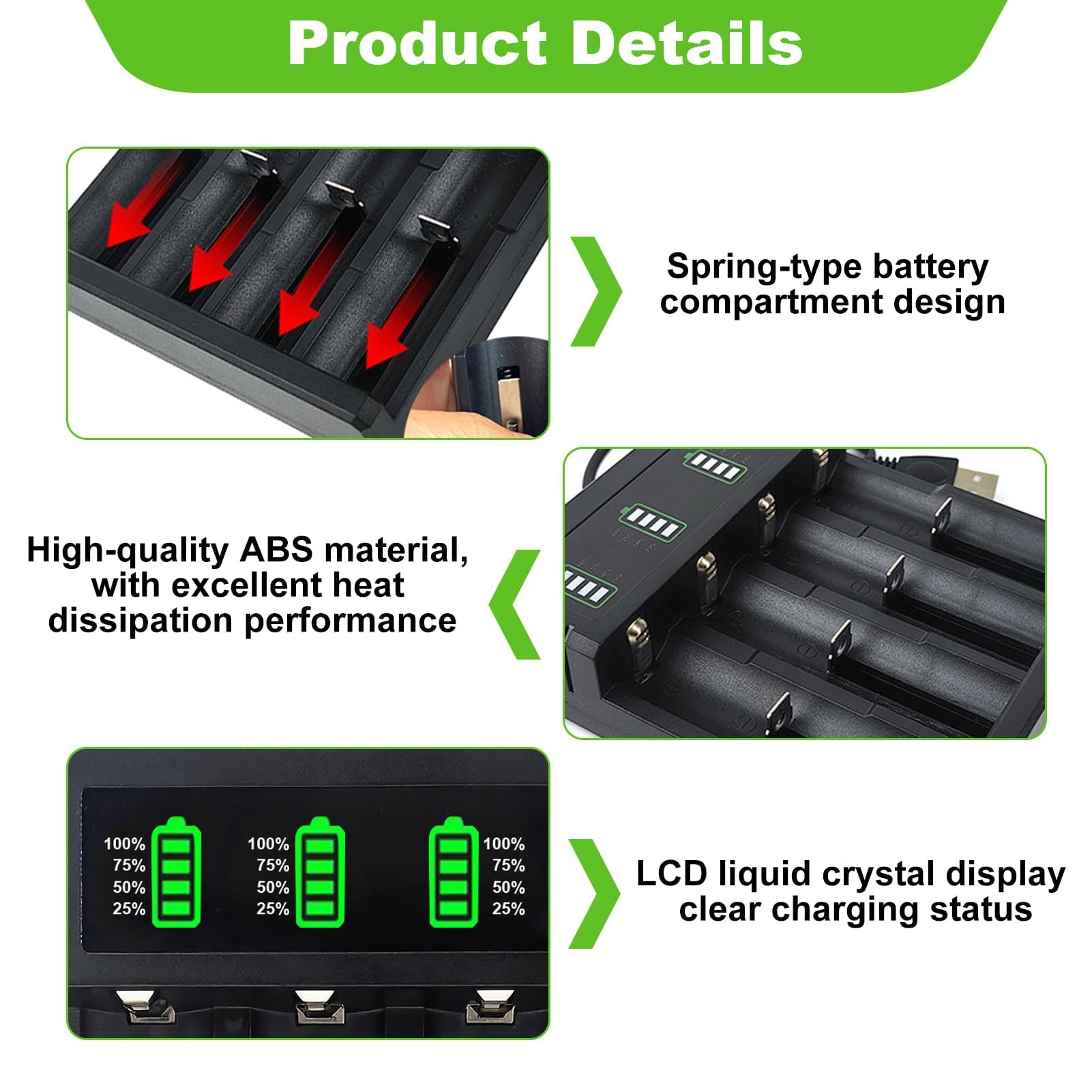 Cargador de Batería para 18650 10440 14500 16340 26650 26700 21700, 4 Ranuras Cargador Universal de Carga Rápida Recargables con Indicadora LED para 3.7V Li-Ion Batería, 53cm Cable USB — view 4
