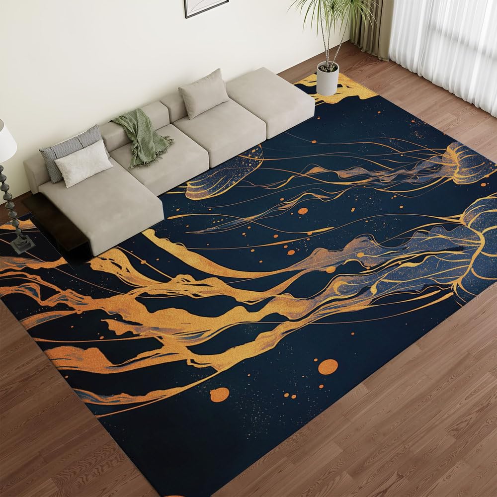 Tapis de couloir motif marbre noir et doré effet luxe pour salon