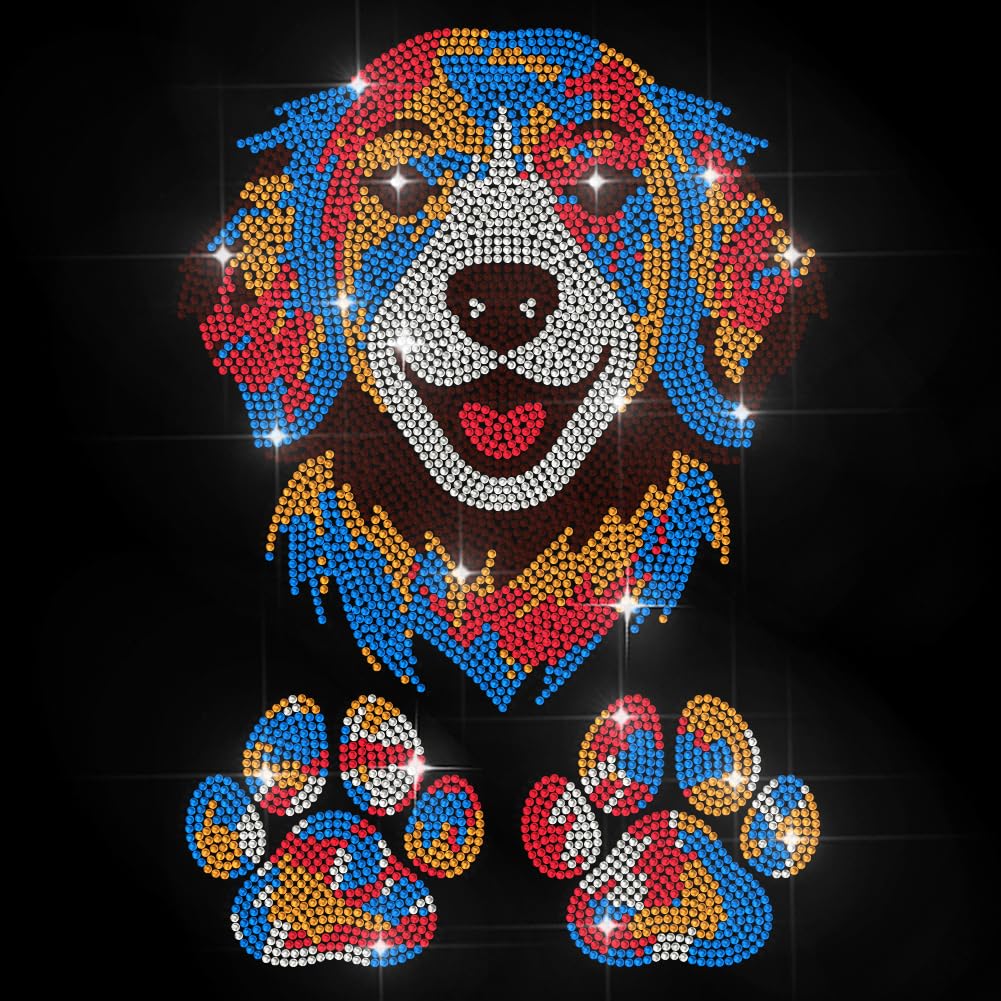 MAYJOYDIY Colorful Dog Head Rhinestone Iron on Hotfix Transfer Cute Pet Paw Heat Transfer Sticker Golden Retriever Bling Clothing Decoration Applique for Shirt Bag Hat Jacket Jeans Shoes Decoration