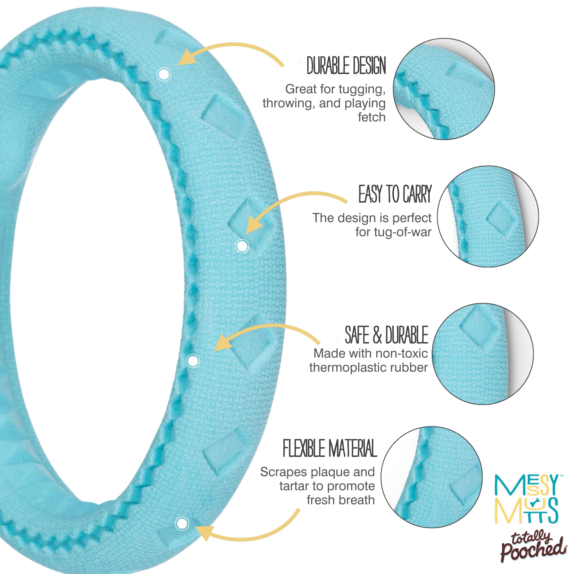 Messy Mutts Totally Pooched Chew n' Tug Ring | Durable TPR Dog Toy | Made for Tough Chewers | Tough Fetch Ring for Dogs | 6.5” | Teal