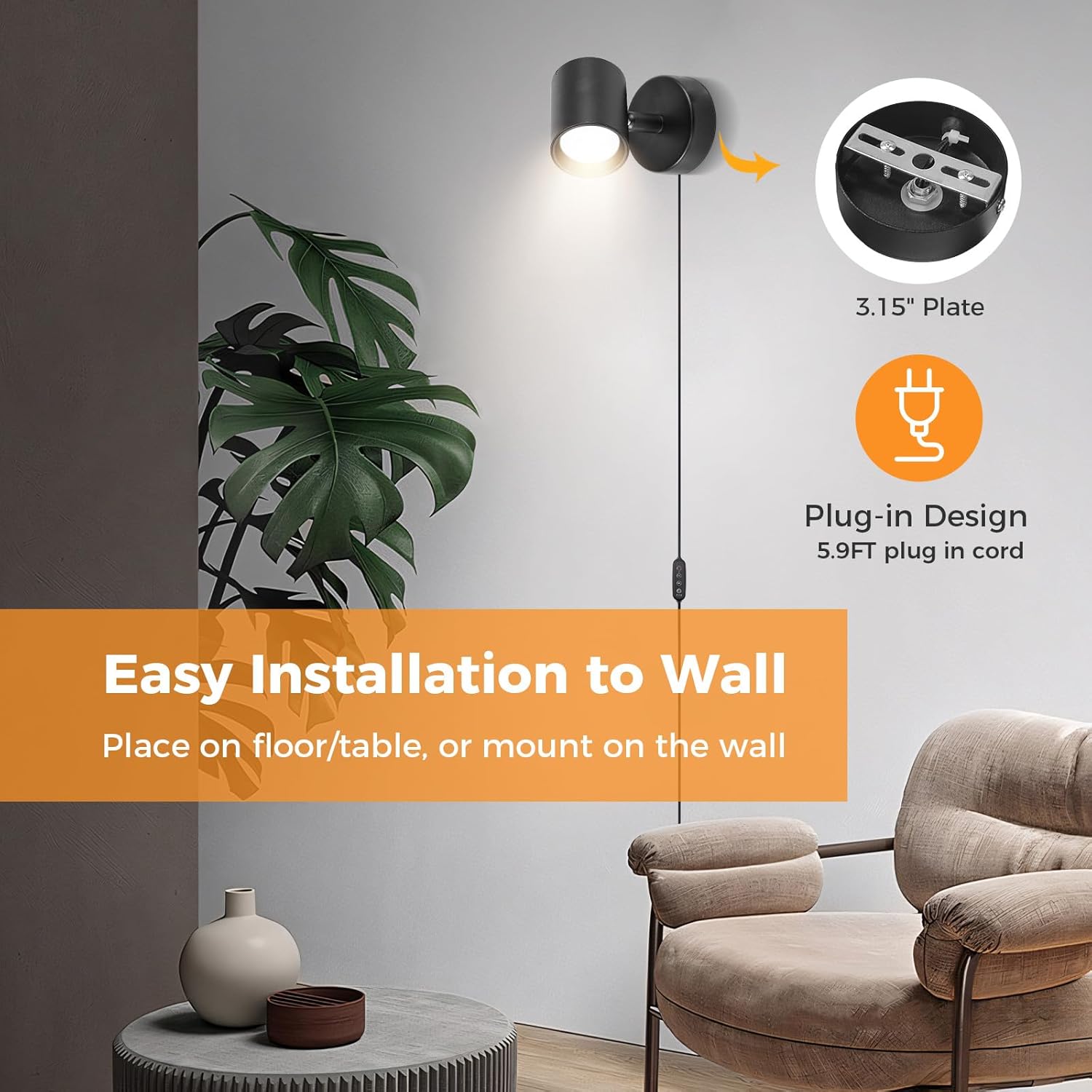 VANoopee 5 Color 10W LED Up Lights Indoor Spot Lights with Timer, Dimmable Uplighting Indoor Spotlight Accent Lighting for Plant Picture Art, Floor Spotlight Lamp with 5.9FT Plug Cord - Black 2 Pack