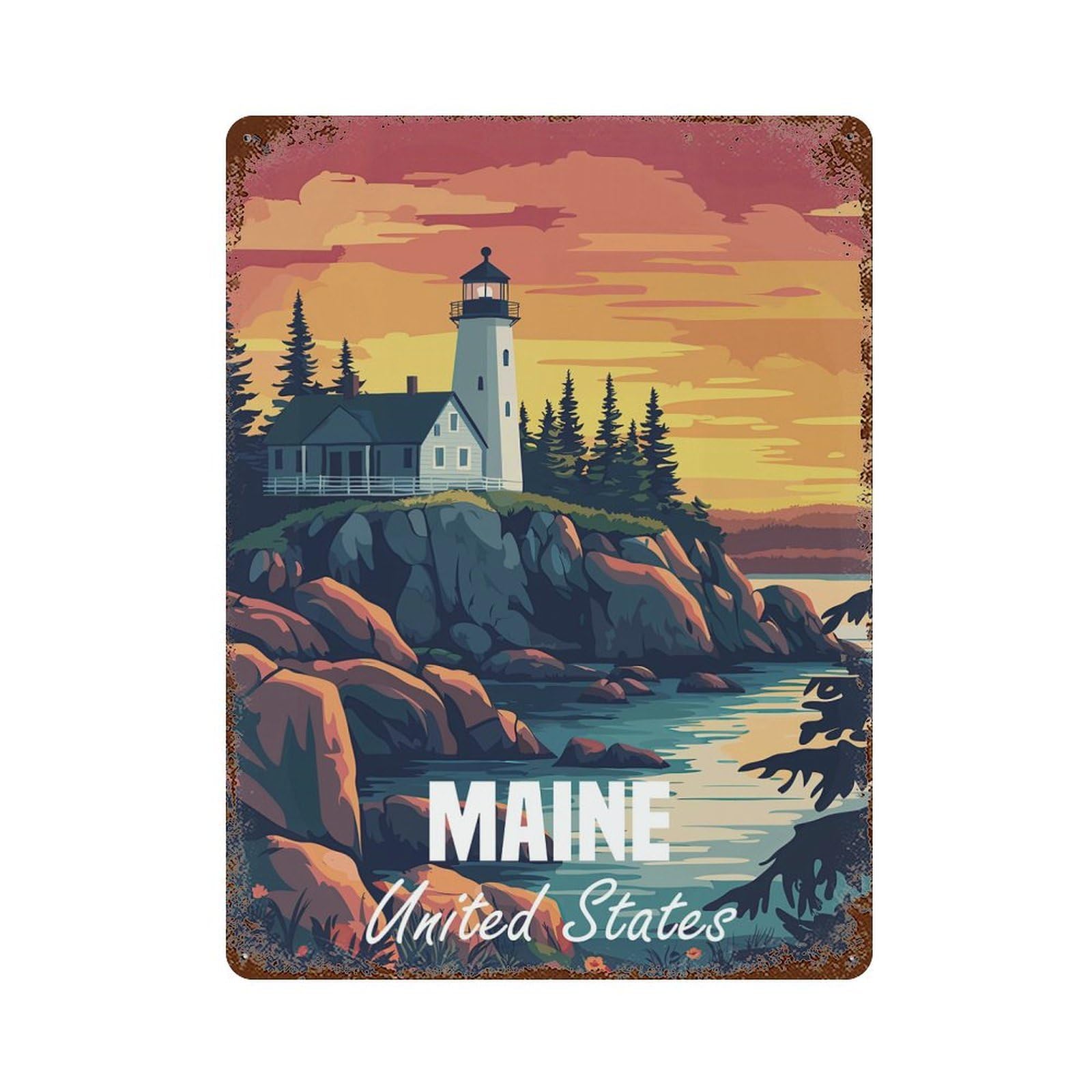 Maine Lighthouse Sunset Vintage Wall Sign 15.7"x11.8", Rust Effect Metal Decor for Basement, Hobby Room And Garage Decor