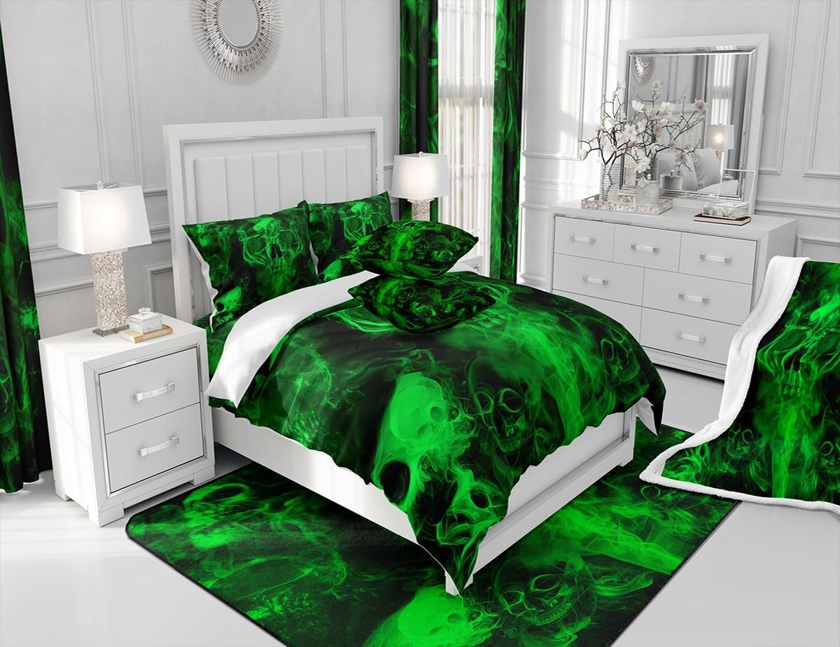 Erosebridal Green Skull Comforter Cover Queen Gothic Skeleton Bedding Set for Kids Boys Teens Adults Men,Trippy Psychedelic Smoke Duvet Cover Goth Skull Quilt Cover 2 Pillow Cases Black Bedroom Decor