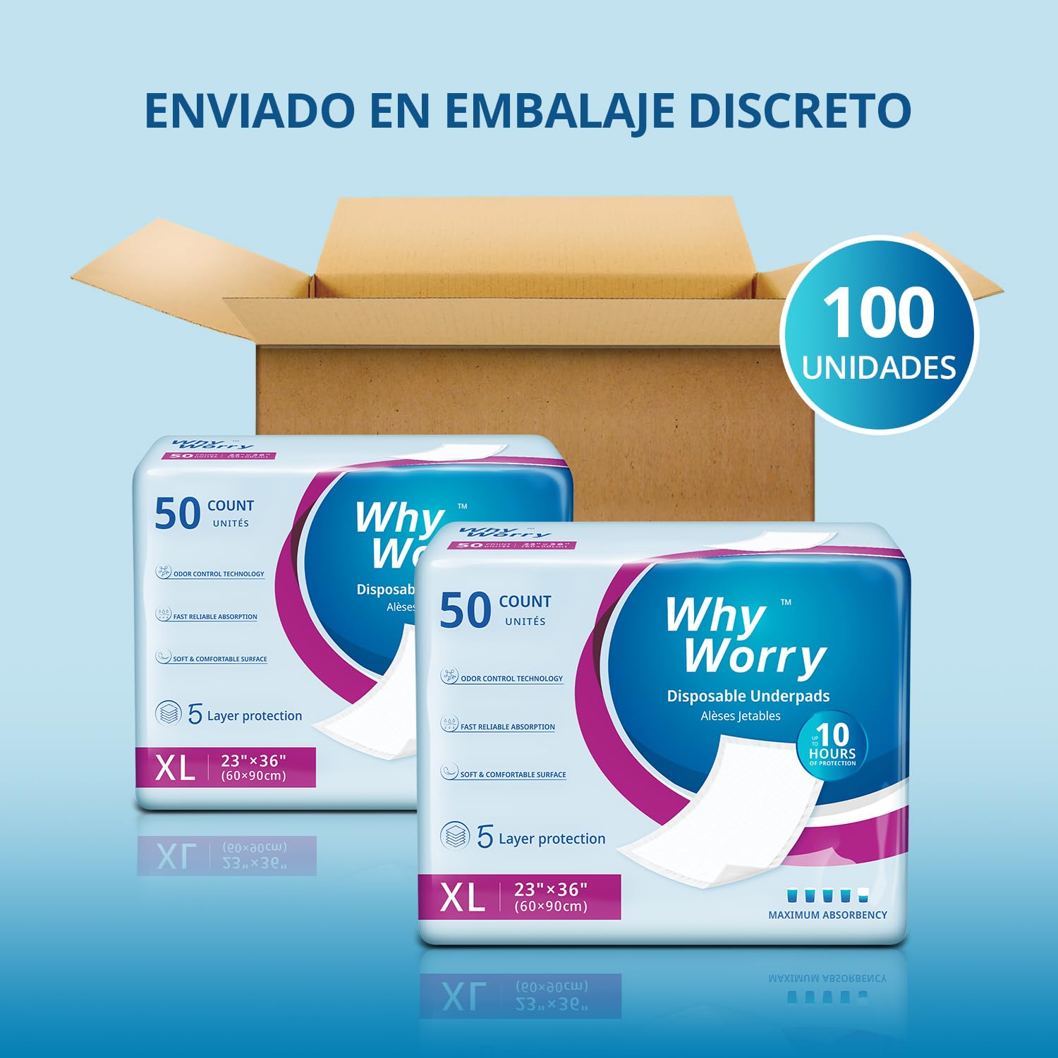 WhyWorry Empapadores Cama Adultos 60x90 cm para Incontinencia, Salvacamas para Adultos Desechables, Protector de Camas & Superficies, Cambiador Desechable Bebe, 50 Unidades