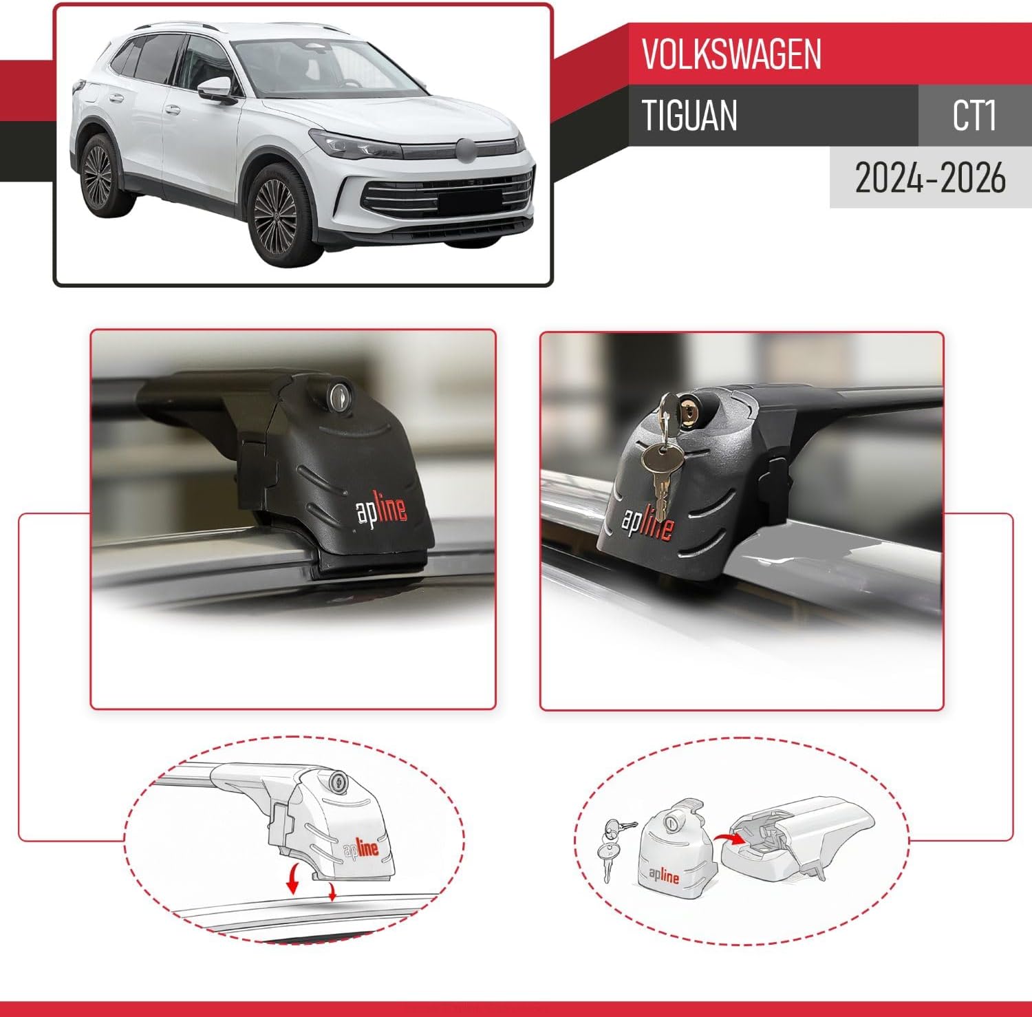 Compatible with Volkswagen Tiguan (CT1) 2024-2026 ACE-2 Type Car Roof Rack Cross Bar Black Aluminium Bars
