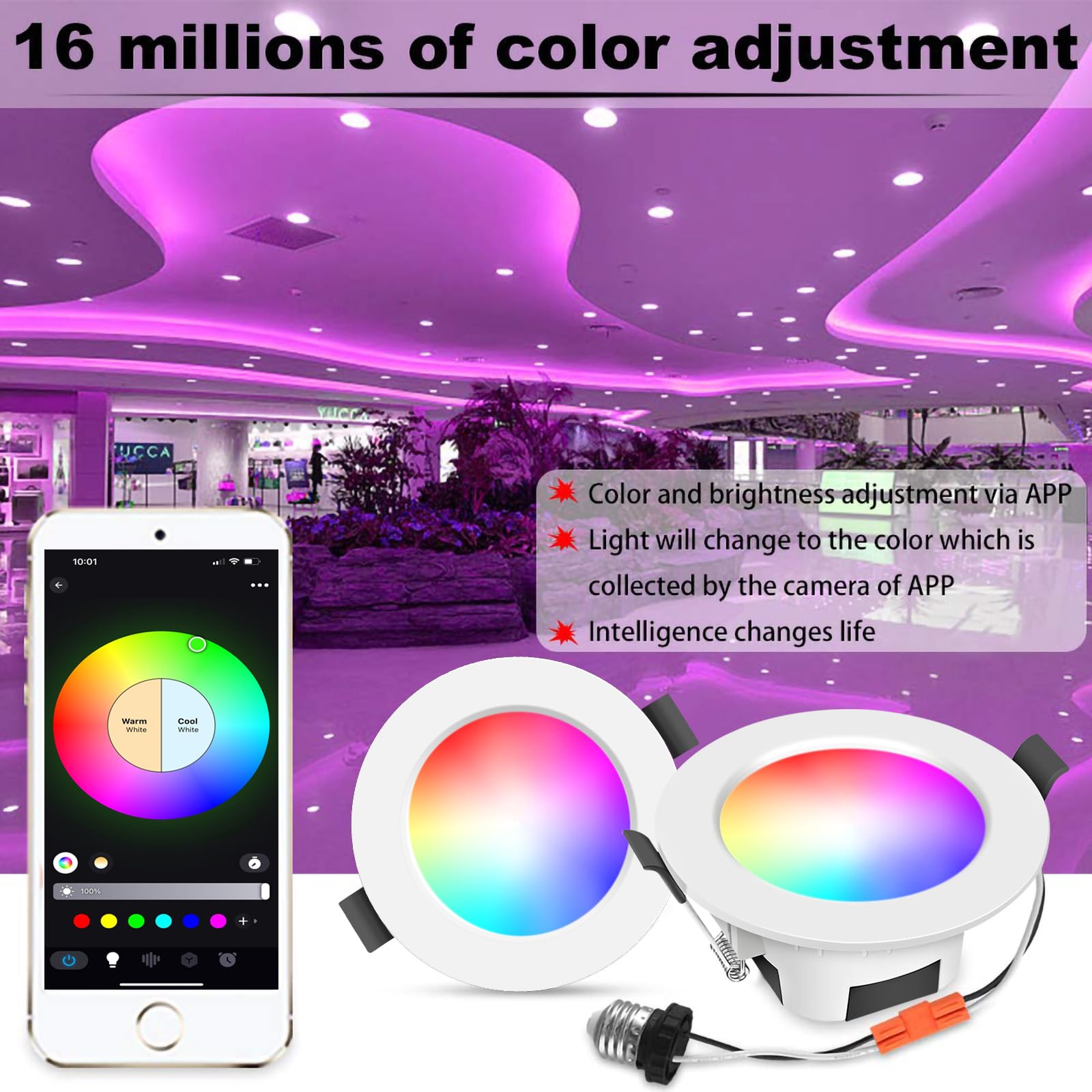 9W 700LM Wifi Spot Led Encastrable RGBWC(RGB+Blanc froid+Blanc chaud) Plafonnier Lampe, Bluetooth Mesh éclairage plafond encastré pour exposition, salon, cuisine, ktv, bars (10 Pieces)