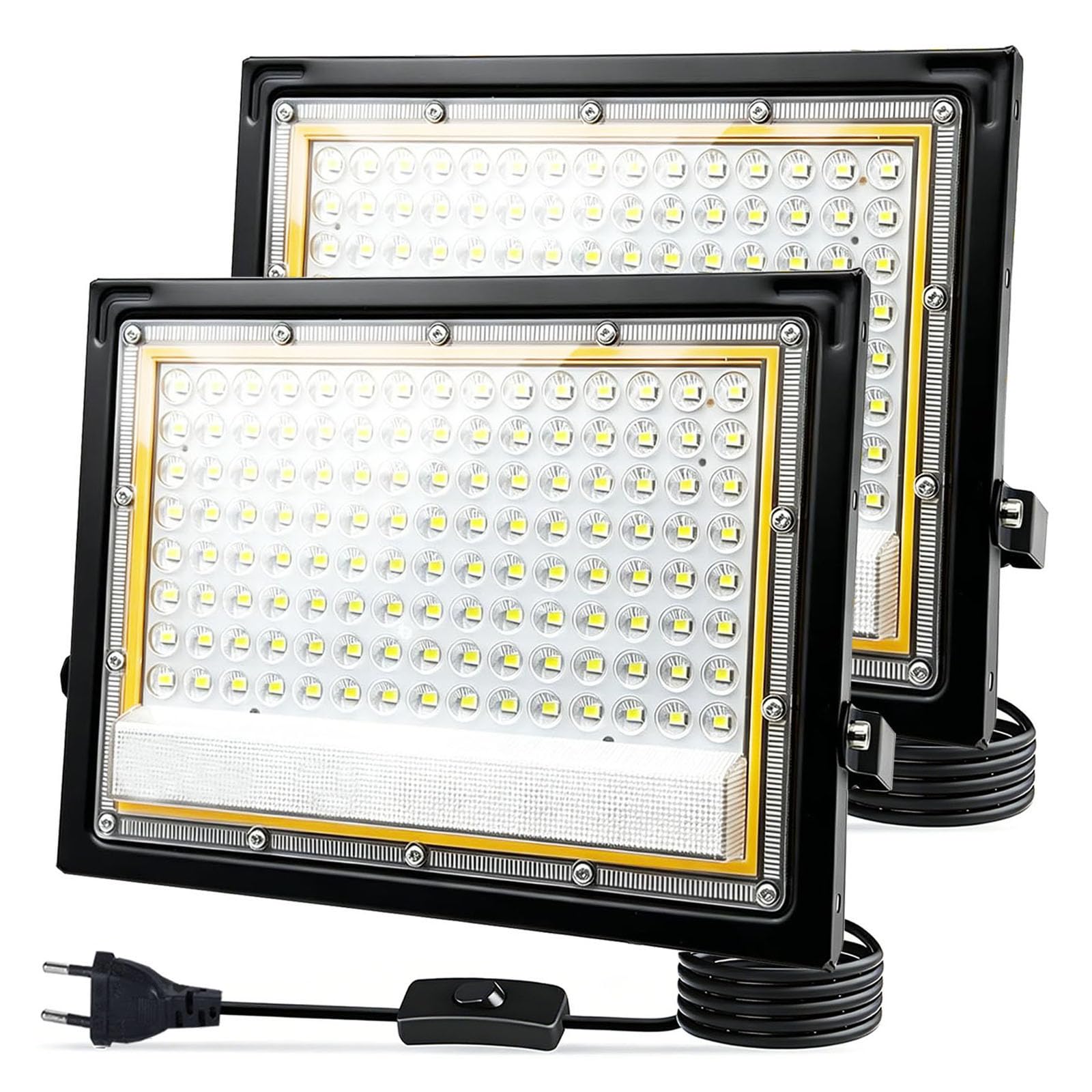 2 Piezas Focos LED Exterior 100W, Resistente al Agua IP66 Foco Proyector LED, 1.5M Cable Blanco Frío 6500K Proyector LED Exterior, 10000LM para Estadio, Almacén, Taller, Aparcamiento