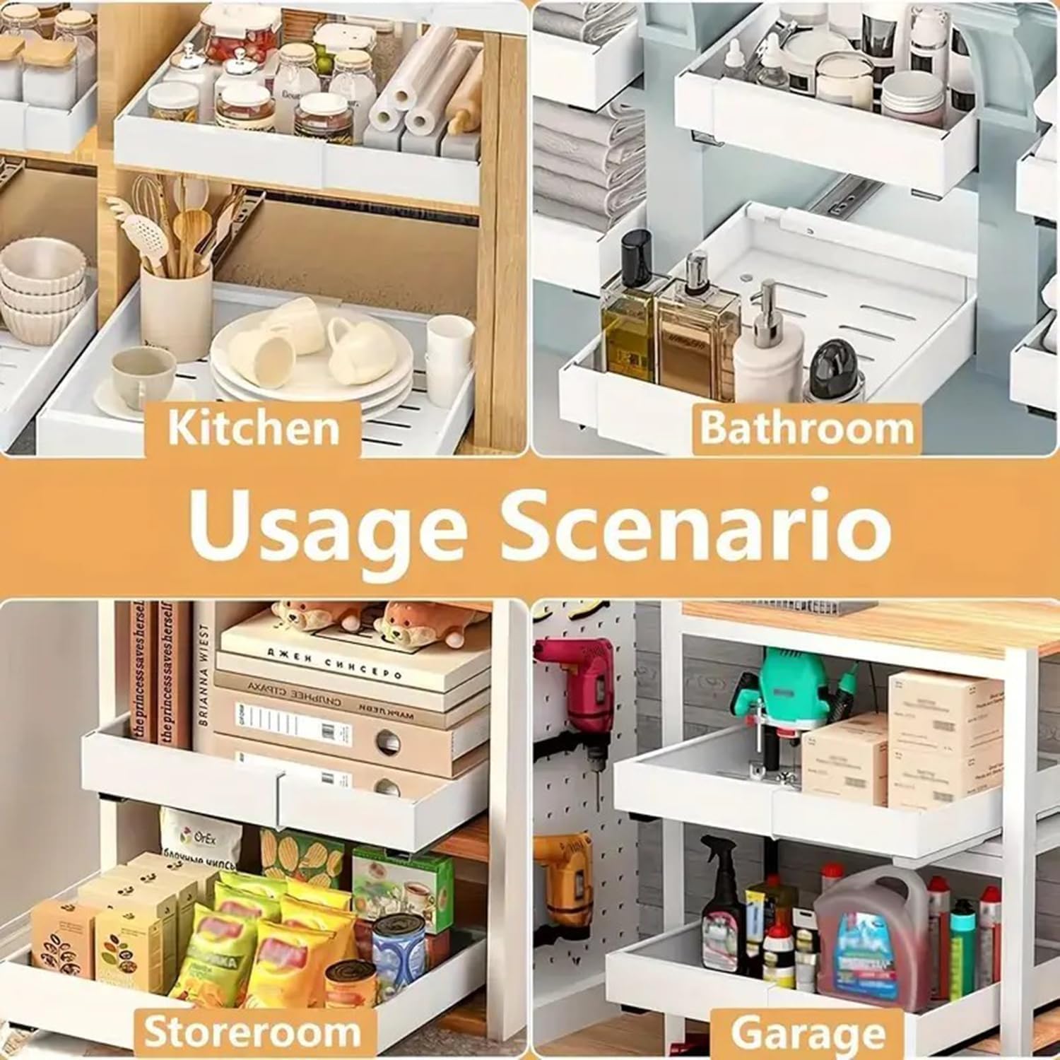 2 Pack Erweiterbar Ausziehbare Schublade Küche Mit Kleber,Ausziehbarer Schrank Organizer(32 cm - 51,8 cm),Teleskopschublademit Schienensystem,Für Topf- Und Pfannen-Organizer (Weiß)