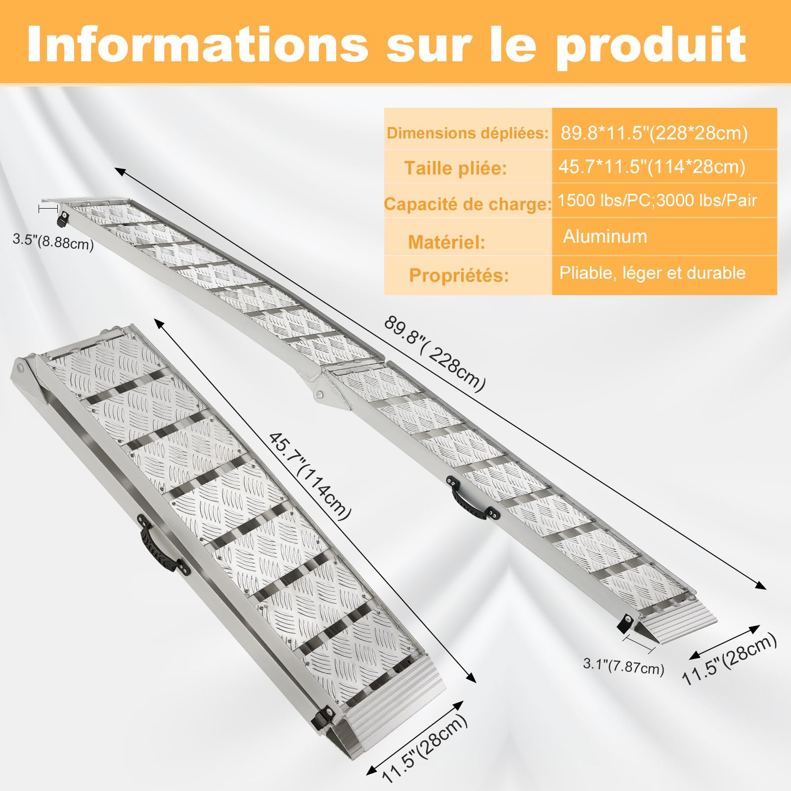 gardhom Rampes de manutention Antidérapante 340kg Aluminium Rampe Voiture 228x28x4.5cm Pliante Rampe de Chargement pour Tondeuse à Gazon, Vélo, Moto et Quad