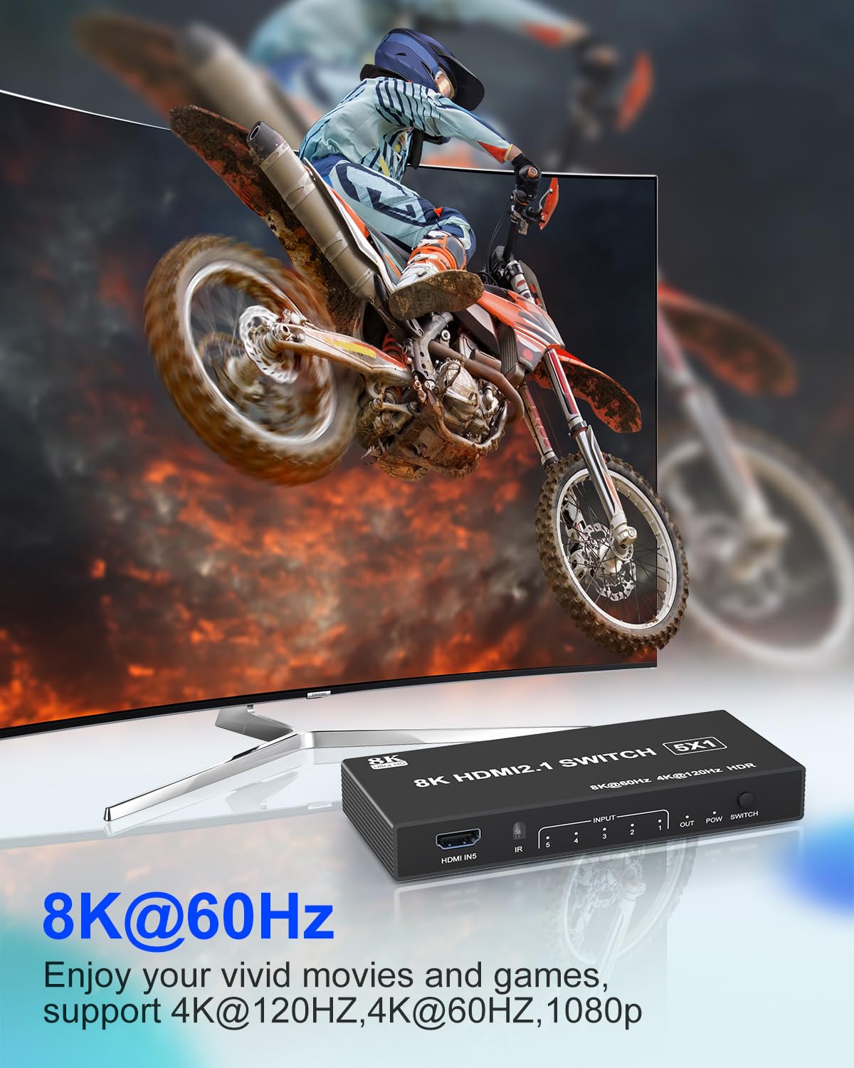 8K HDMI 2.1 Switch - 5 in 1 Out HDMI Switch 8K@60Hz 4K@120Hz mit Fernbedienung, Unterstützt 3D/HDR/HDCP 2.3, Kompatibel mit PS5/4/3, Xbox, DVD-Player, TV und PC 5 Port 4K 120Hz HDMl Splitter