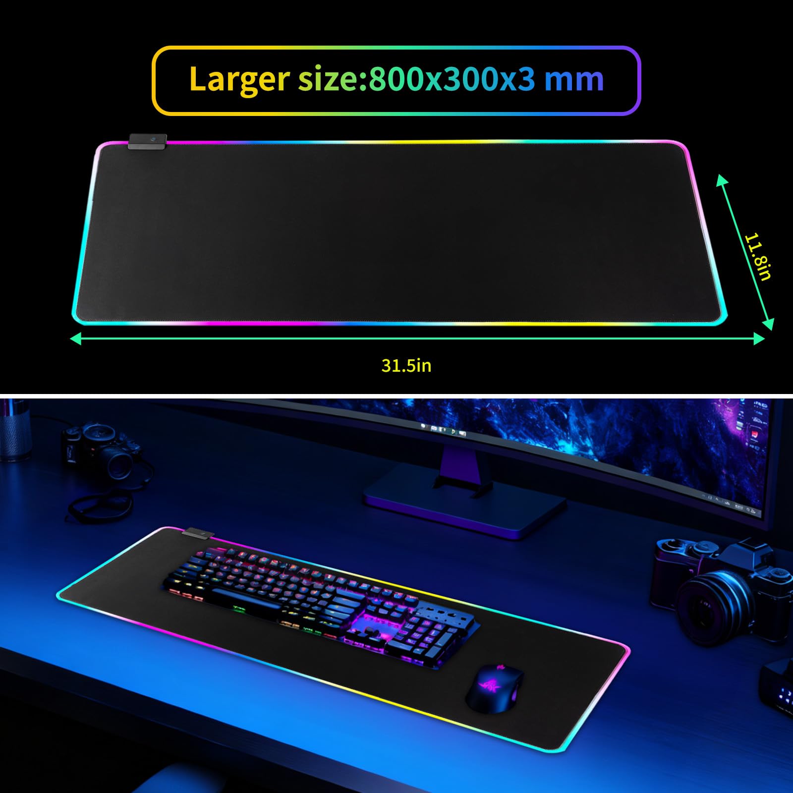 Tappetino per mouse da gioco RGB, 14 modalità di illuminazione, morbido tappetino per mouse esteso a LED, base in gomma antiscivolo, tappetino per mouse grande per tastiera del computer