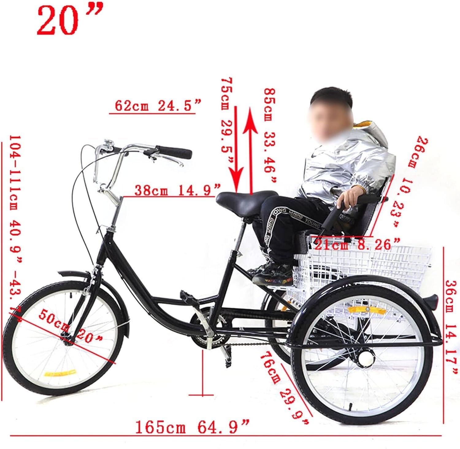 Triciclo para Adultos 20 Pulgadas, Triciclo, Triciclo Crucero, Bicicletas Urbanas con Asiento para Niños Y Cesta La Compra, Velocidad Única 20inch