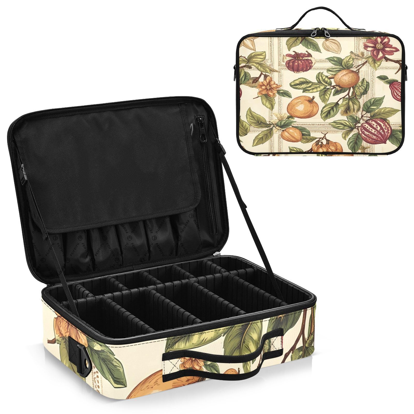 zyrtty Travel Makeup Train Case Herbal Pattern Cosmetic Organizer Portable Storage Bag with Adjustable Dividers for Cosmetics Brushes Toiletry Jewelry Digital Accessories