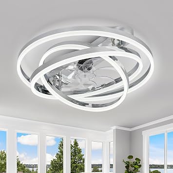 Dawn Whisper 24" Ceiling Fans with Lights Flush Mount for Bedroom Silver