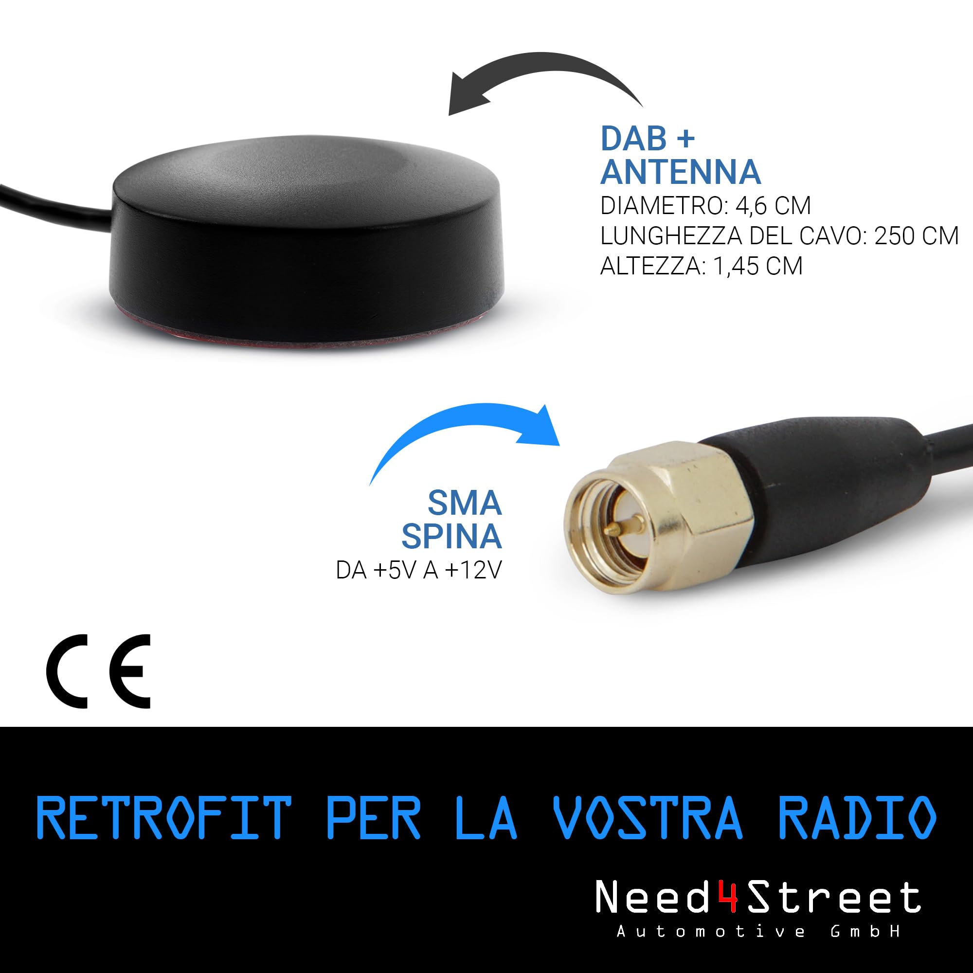Antenna DAB+ per aggiornare l'autoradio, spina SMA, lunghezza cavo 250 cm, antenna auto con amplificatore per migliore ricezione