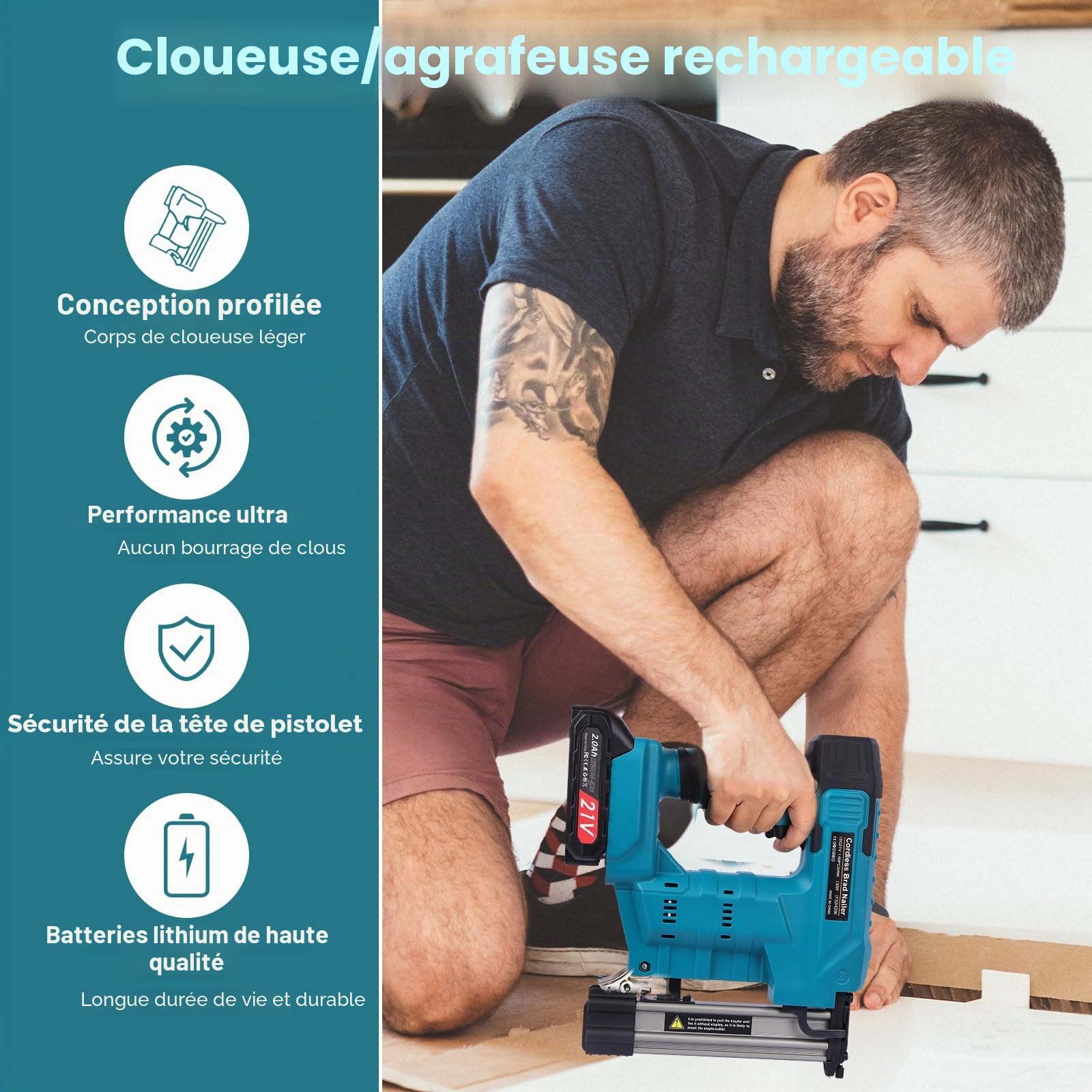 Cloueuse sans fil 2 en 1 : agrafeuse à batterie avec 2000 clous/agrafes – Agrafeuse électrique comme set de boulons – pour bois dur et tendre, amélioration de la maison et travail du bois