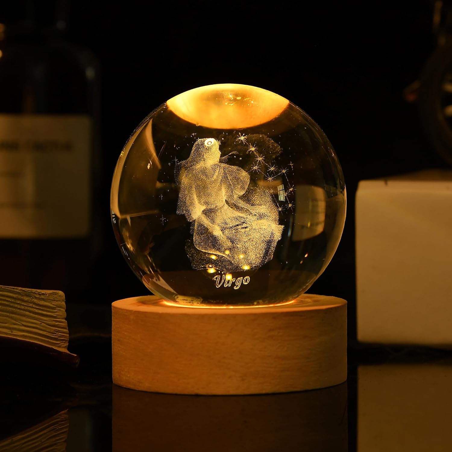 3D Laser Etched Virgo Crystal Ball with LED Light Stand, Constellation Decor Glass Sphere Lamp, Zodiac Astrology Birthday Gifts for Women Kids