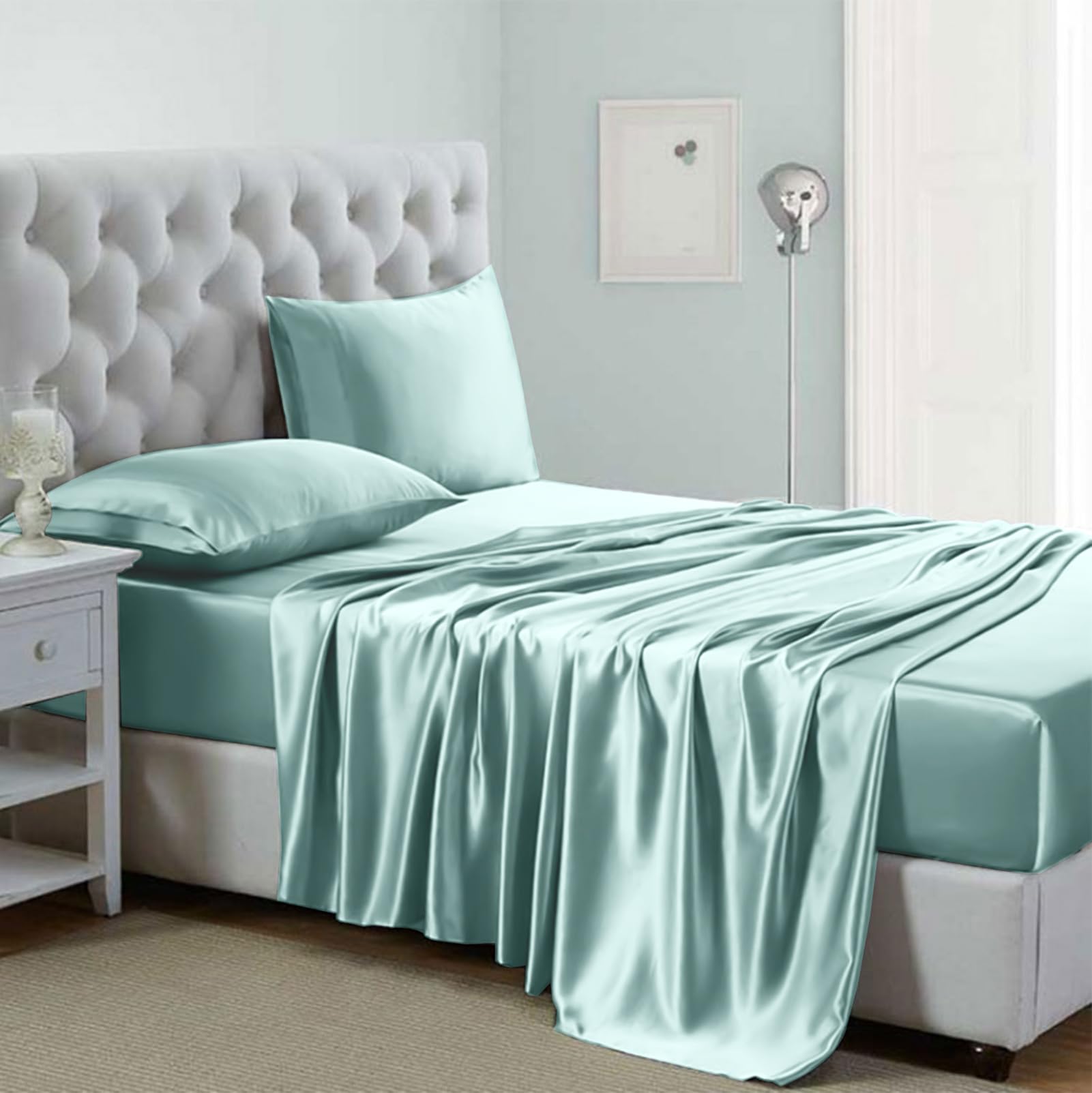 Lanest Housing King Size Satin Sheet Set with Deep Pockets, Aqua - 400 Thread Count, 4 Piece Set (1 Fitted, 1 Flat, 2 Pillowcases)