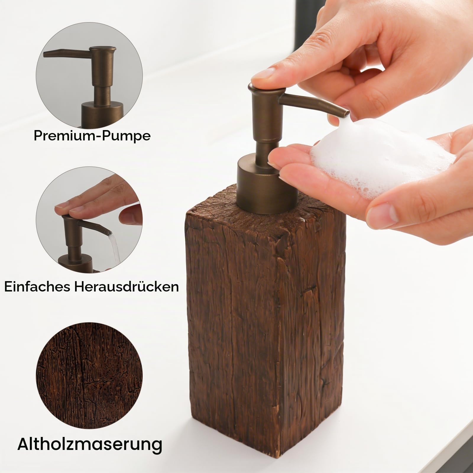 4-teiliges Vintage Badezimmer-Set, Badaccessoires mit Retro Alt-Holz-Optik, Seifenspender Zahnputzbecher Seifenschale Aufbewahrungsbox, Holzoptik Bad Deko