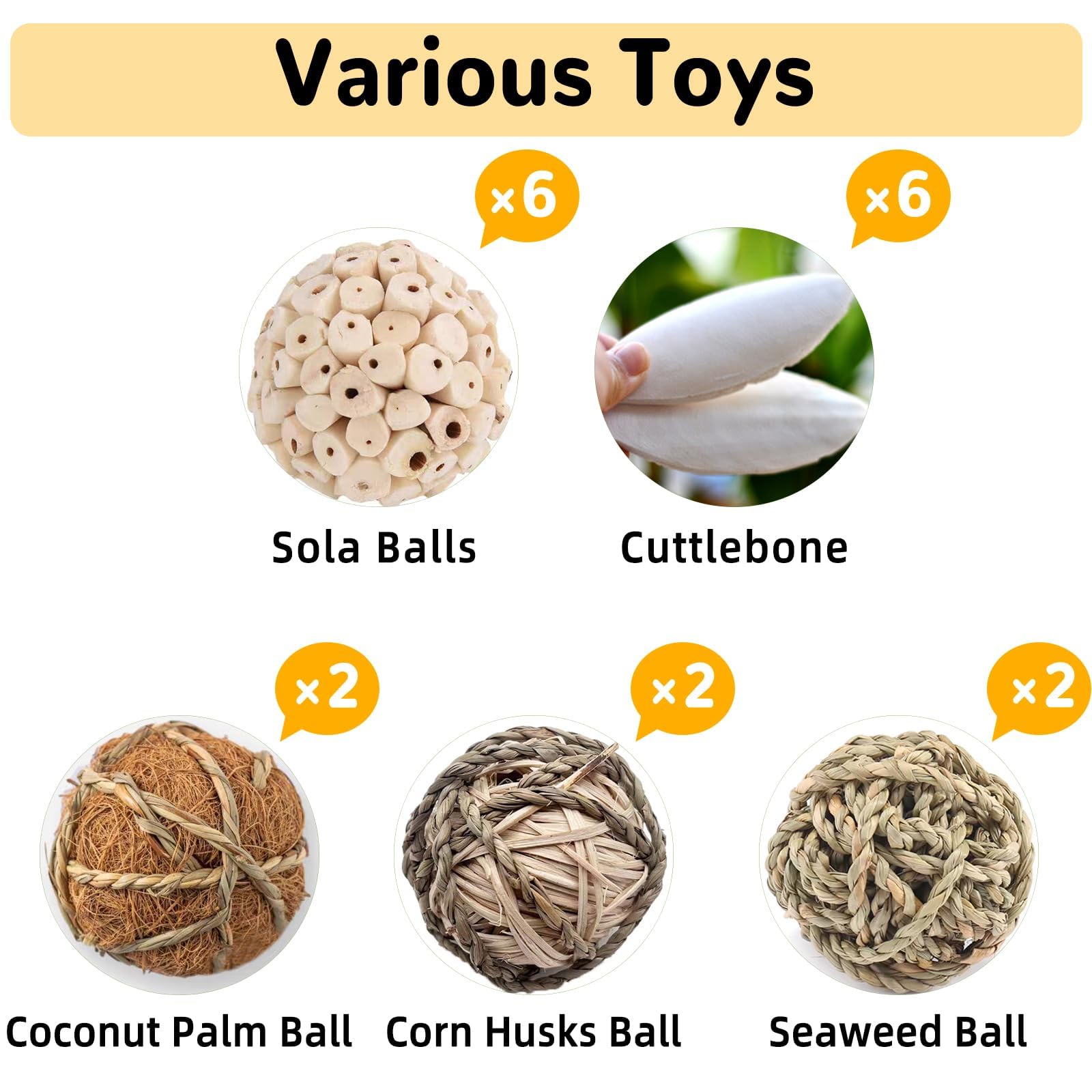 Bird Toys Sola Balls - Juguetes para periquitos con bolas de hierba suave natural para masticar loros, conures, conejos, hámster, cobayas, chinchilla. (Estilo 2, 18 piezas)