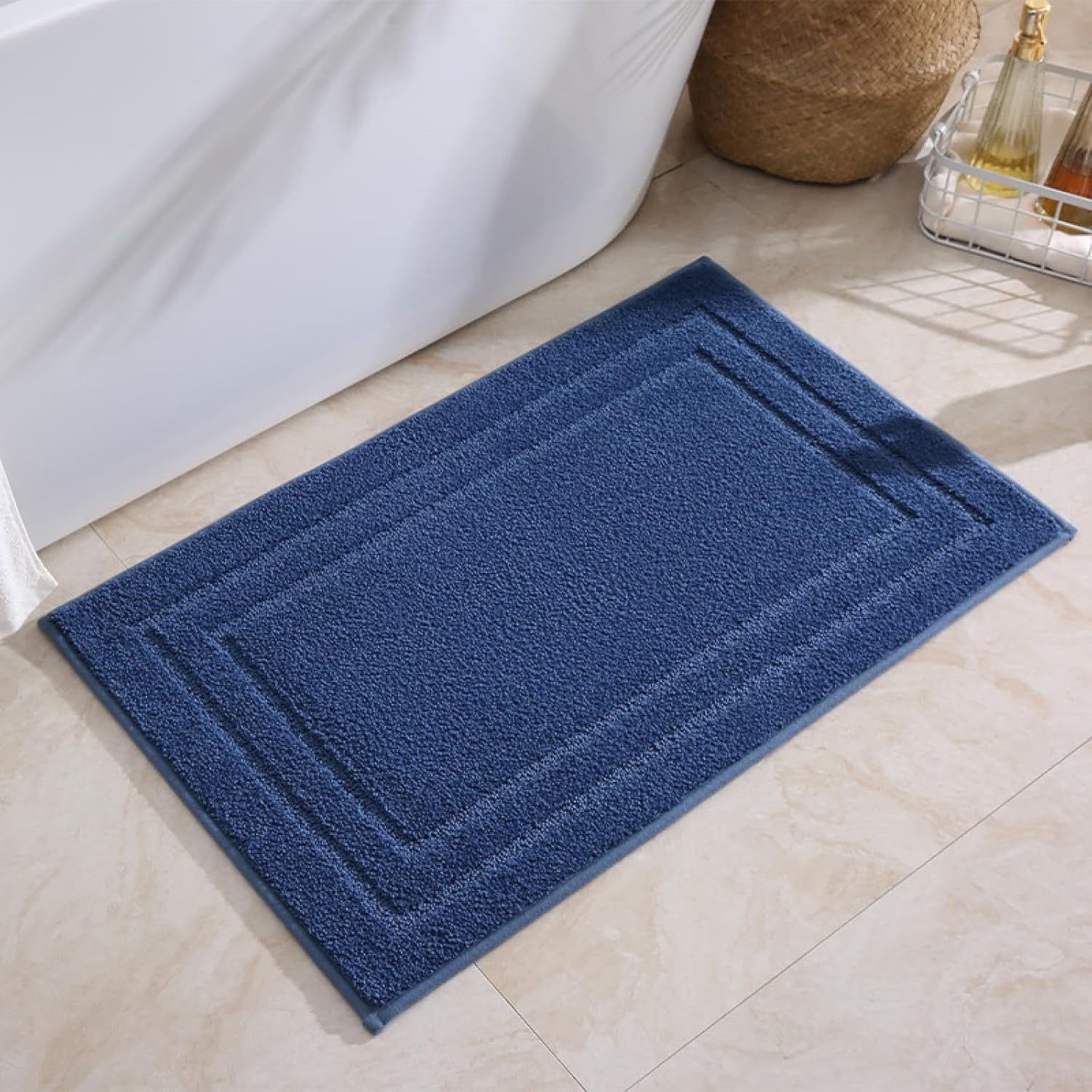 WOMGKDA Soft Flannel Bathroom Mat 40x60cm Dark Blue Non Slip Super Absorbent Washable Shower Mat for Bathtub, 50×80cm, 50×80cm