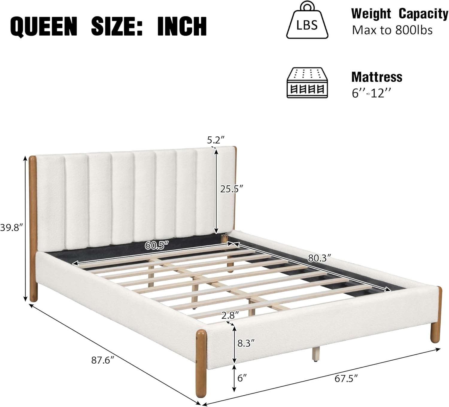 Merax Queen Size Bed Frame with Boucle Upholstered Thick Headboard, Solid Wooden Legs, No Box Spring Needed, for Bedroom Apartment, White
