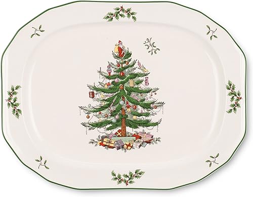 Spode Bandeja octogonal esculpida para árbol de Navidad, bandeja grande de 14 pulgadas para carnes, quesos y postres, hecha de loza fina Apta para