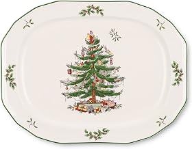 Spode Christmas Tree Sculpted Octagonal Platter, 14-Inch Large Serving Tray for Meats, Cheeses, and Desserts | Made of Fine Earthenware | Dishwasher and Microwave Safe