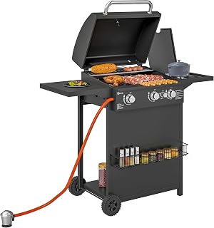 Outsunny Barbacoa de Gas BBQ Gas con 3+1 Quemadores 8,5 kW Barbacoa Portátil con Mesa Lateral Parrilla Termómetro 2 Ruedas Recogedor de Grasa para Exterior Jardín Camping Negro